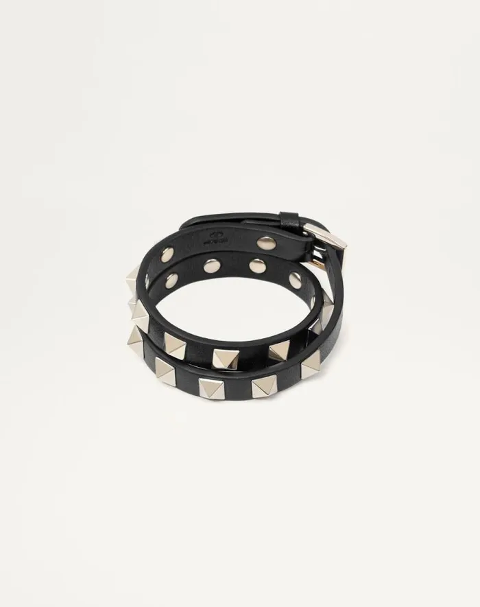 Valentino Jewelry Woman Rockstud Calfskin Doublestrap Bracelet For Woman In Poudre Poudre