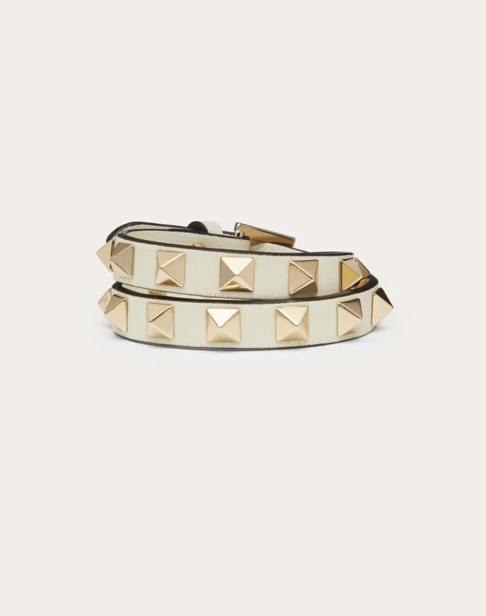 Valentino Jewelry Woman Rockstud Calfskin Doublestrap Bracelet For Woman In Poudre Poudre