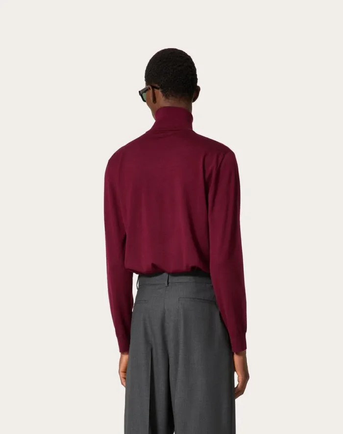 Valentino Knitwear Man Highneck Wool Sweater With Vlogo Signature Embroidery For Man In Maroon Maroon Valentino Knitwear Man Highneck Wool Sweater With Vlogo Signature Embroidery For Man In Maroon Maroon