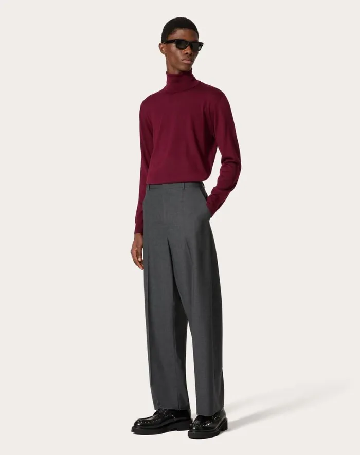 Valentino Knitwear Man Highneck Wool Sweater With Vlogo Signature Embroidery For Man In Maroon Maroon Valentino Knitwear Man Highneck Wool Sweater With Vlogo Signature Embroidery For Man In Maroon Maroon