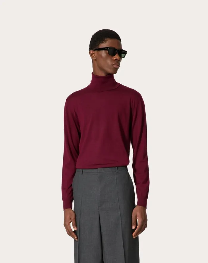 Valentino Knitwear Man Highneck Wool Sweater With Vlogo Signature Embroidery For Man In Maroon Maroon Valentino Knitwear Man Highneck Wool Sweater With Vlogo Signature Embroidery For Man In Maroon Maroon
