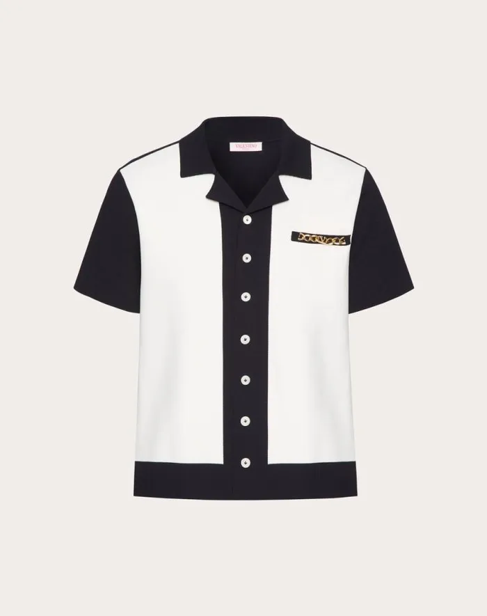 Valentino Knitwear Man Viscose Bowling Shirt With Vlogo Chain And Valentino Embroidery For Man In Navyivory Navyivory