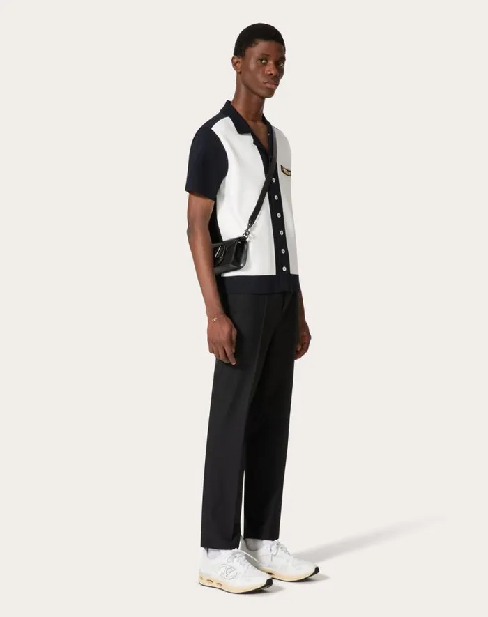 Valentino Knitwear Man Viscose Bowling Shirt With Vlogo Chain And Valentino Embroidery For Man In Navyivory Navyivory Valentino Knitwear Man Viscose Bowling Shirt With Vlogo Chain And Valentino Embroidery For Man In Navyivory Navyivory