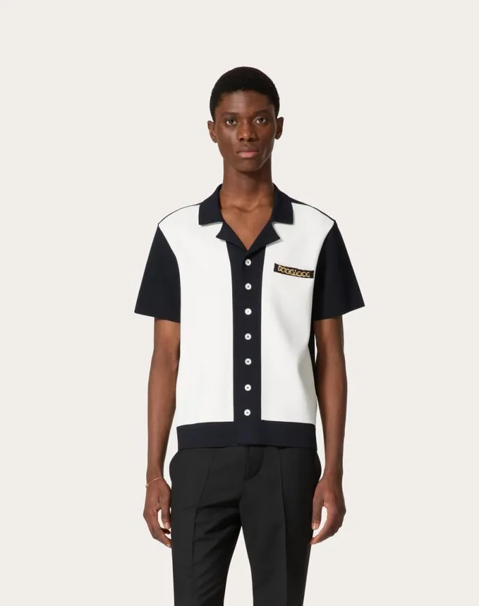 Valentino Knitwear Man Viscose Bowling Shirt With Vlogo Chain And Valentino Embroidery For Man In Navyivory Navyivory Valentino Knitwear Man Viscose Bowling Shirt With Vlogo Chain And Valentino Embroidery For Man In Navyivory Navyivory