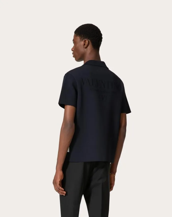Valentino Knitwear Man Viscose Bowling Shirt With Vlogo Chain And Valentino Embroidery For Man In Navyivory Navyivory Valentino Knitwear Man Viscose Bowling Shirt With Vlogo Chain And Valentino Embroidery For Man In Navyivory Navyivory