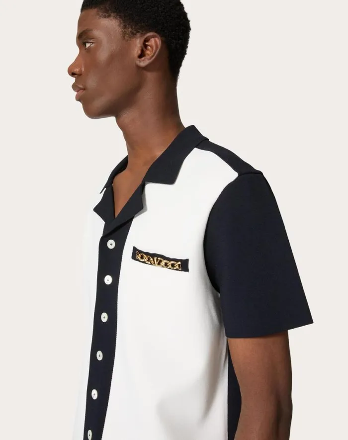 Valentino Knitwear Man Viscose Bowling Shirt With Vlogo Chain And Valentino Embroidery For Man In Navyivory Navyivory Valentino Knitwear Man Viscose Bowling Shirt With Vlogo Chain And Valentino Embroidery For Man In Navyivory Navyivory