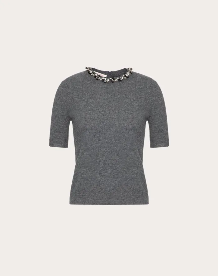 Valentino Knitwear Woman Embroidered Wool Sweater For Woman In Grey Grey Valentino Knitwear Woman Embroidered Wool Sweater For Woman In Grey Grey