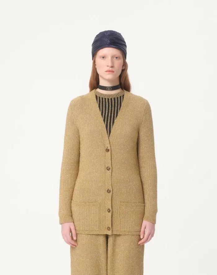 Valentino Knitwear Woman Lurex Cardigan For Woman In Gold Gold Valentino Knitwear Woman Lurex Cardigan For Woman In Gold Gold