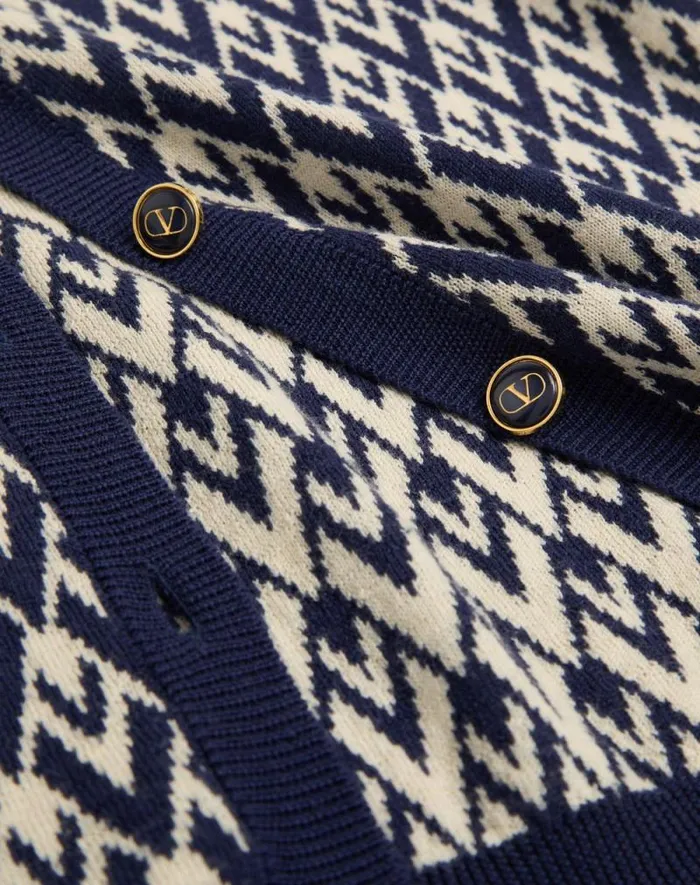 Valentino Knitwear Woman Wool Cardigan With Toute La V Jacquard Pattern For Woman In Creamnavy Creamnavy