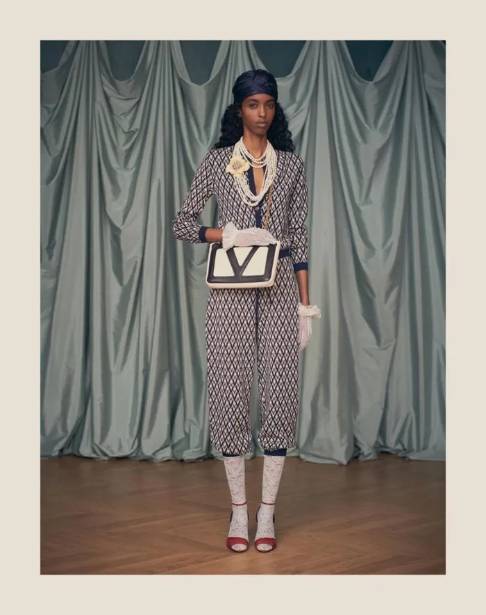 Valentino Knitwear Woman Wool Cardigan With Toute La V Jacquard Pattern For Woman In Creamnavy Creamnavy