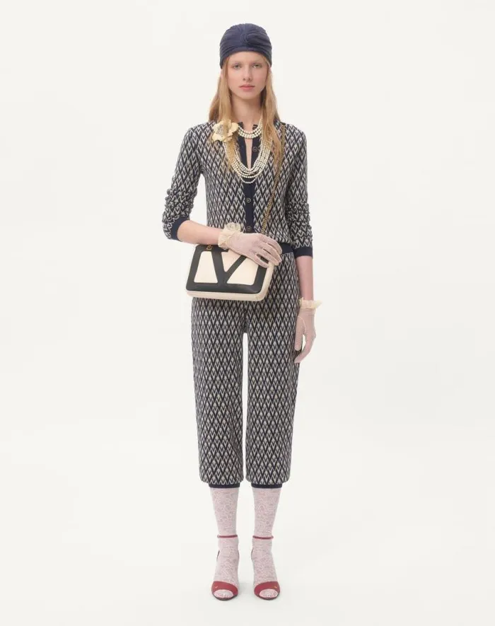 Valentino Knitwear Woman Wool Cardigan With Toute La V Jacquard Pattern For Woman In Creamnavy Creamnavy