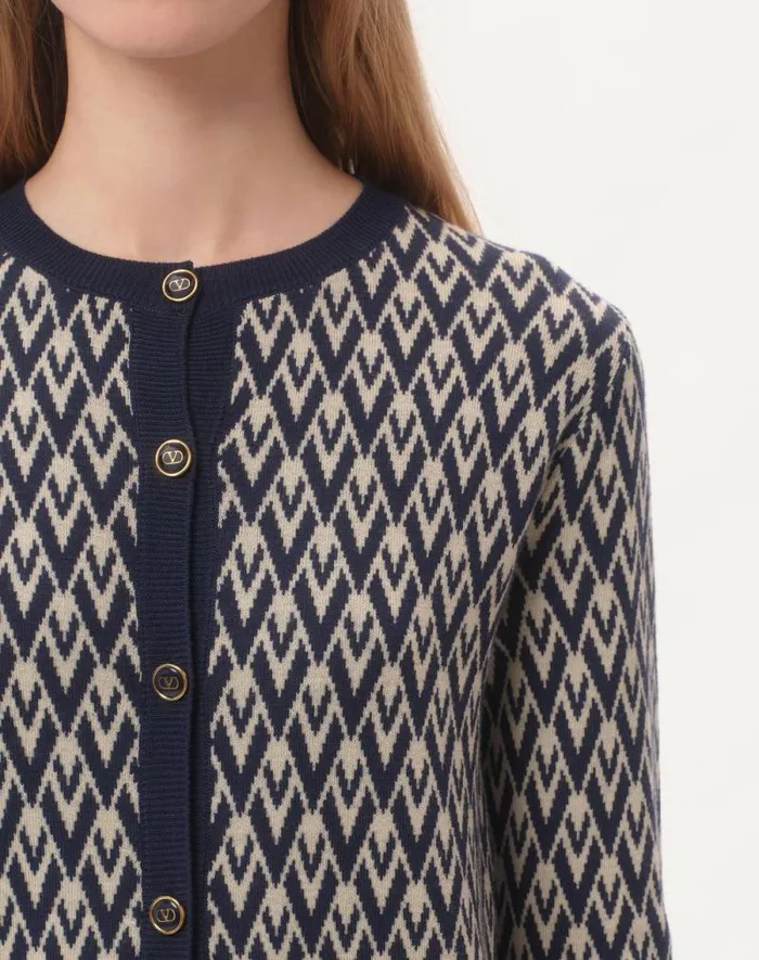 Valentino Knitwear Woman Wool Cardigan With Toute La V Jacquard Pattern For Woman In Creamnavy Creamnavy