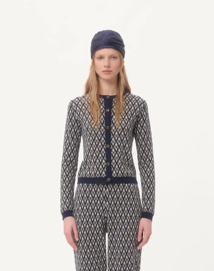 Valentino Knitwear Woman Wool Cardigan With Toute La V Jacquard Pattern For Woman In Creamnavy Creamnavy