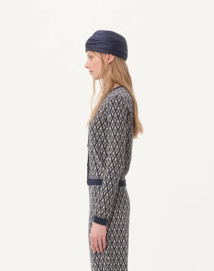 Valentino Knitwear Woman Wool Cardigan With Toute La V Jacquard Pattern For Woman In Creamnavy Creamnavy