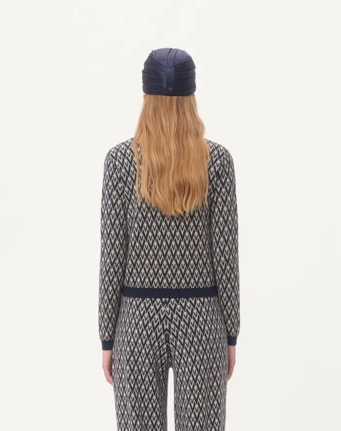 Valentino Knitwear Woman Wool Cardigan With Toute La V Jacquard Pattern For Woman In Creamnavy Creamnavy