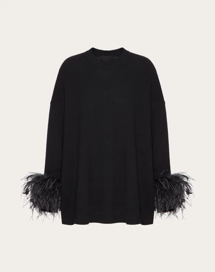 Valentino Knitwear Woman Wool Sweater With Feathers For Woman In Black Black
