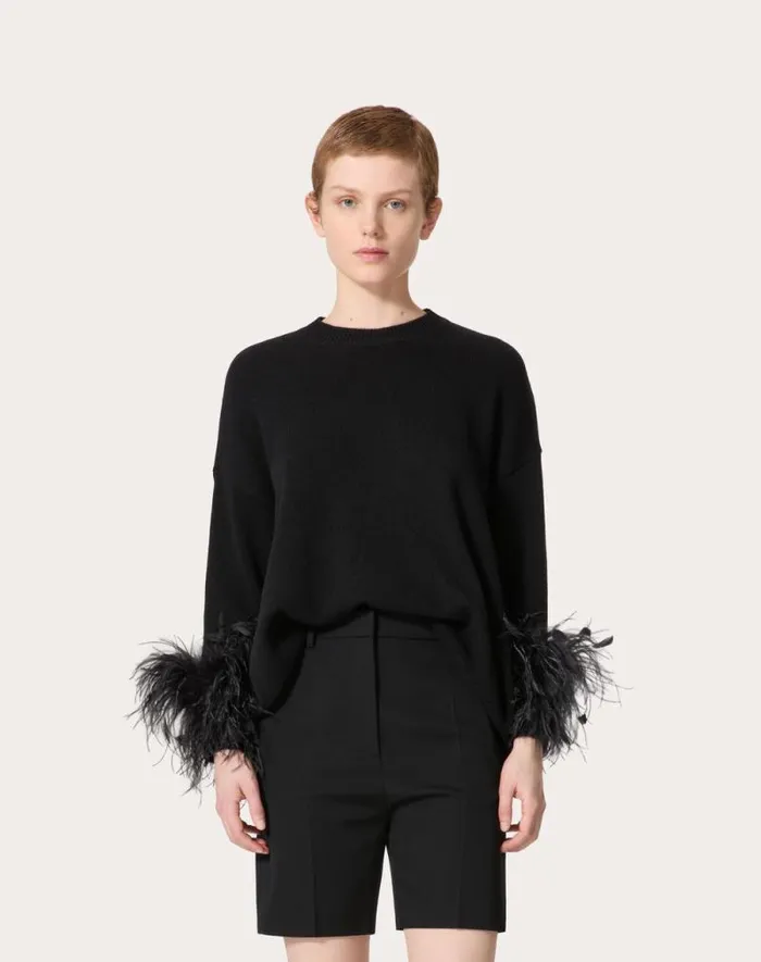 Valentino Knitwear Woman Wool Sweater With Feathers For Woman In Black Black Valentino Knitwear Woman Wool Sweater With Feathers For Woman In Black Black