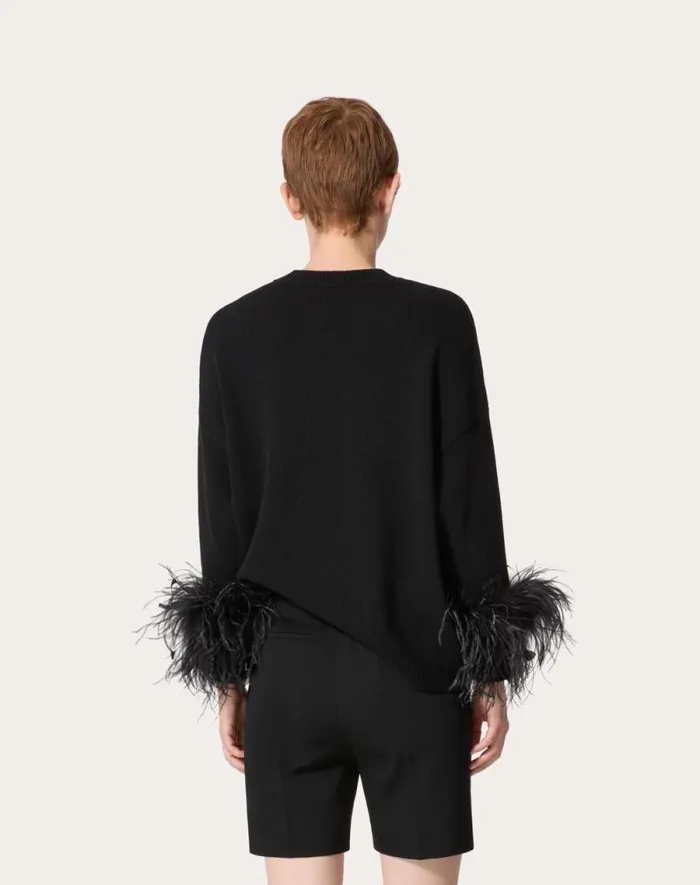 Valentino Knitwear Woman Wool Sweater With Feathers For Woman In Black Black Valentino Knitwear Woman Wool Sweater With Feathers For Woman In Black Black