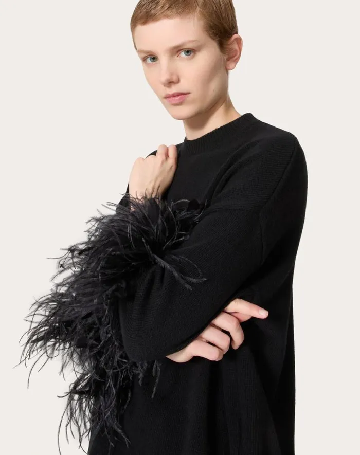Valentino Knitwear Woman Wool Sweater With Feathers For Woman In Black Black Valentino Knitwear Woman Wool Sweater With Feathers For Woman In Black Black