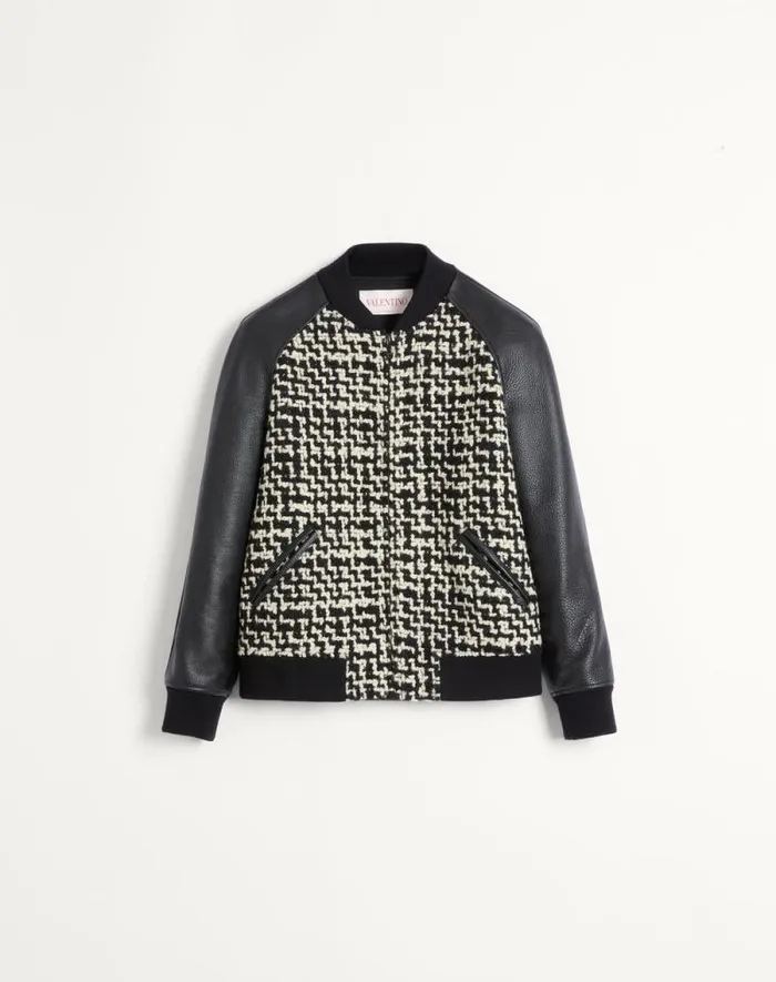 Valentino Outerwear Man Wool Tweed Bomber Jacket With Chez Valentino Patch For Man In Ivoryblack Ivoryblack Valentino Outerwear Man Wool Tweed Bomber Jacket With Chez Valentino Patch For Man In Ivoryblack Ivoryblack