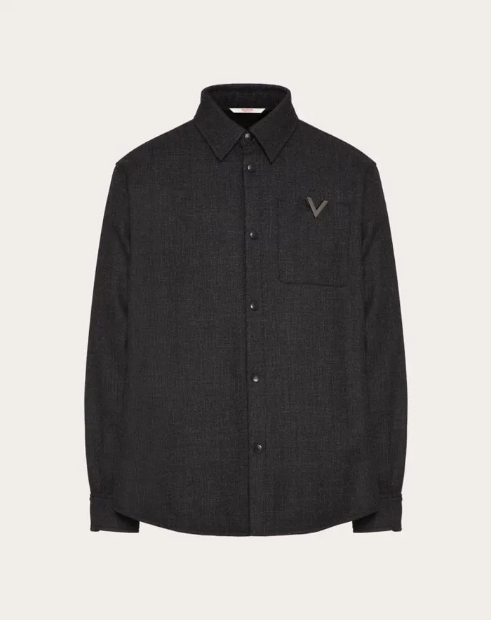 Valentino Outerwear Man Wool Tweed Overshirt With Metallic V Detail For Man In Blackanthracite Blackanthracite Valentino Outerwear Man Wool Tweed Overshirt With Metallic V Detail For Man In Blackanthracite Blackanthracite