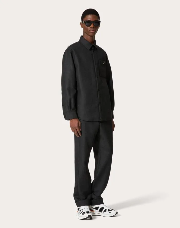 Valentino Outerwear Man Wool Tweed Overshirt With Metallic V Detail For Man In Blackanthracite Blackanthracite