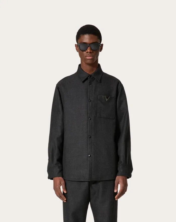 Valentino Outerwear Man Wool Tweed Overshirt With Metallic V Detail For Man In Blackanthracite Blackanthracite