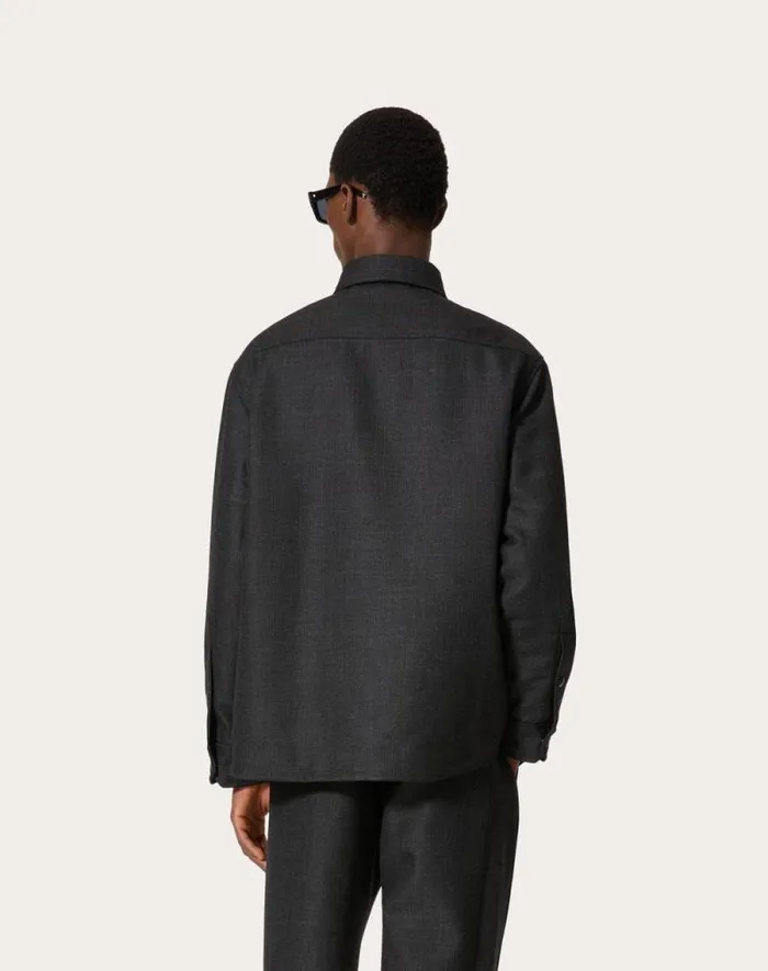 Valentino Outerwear Man Wool Tweed Overshirt With Metallic V Detail For Man In Blackanthracite Blackanthracite