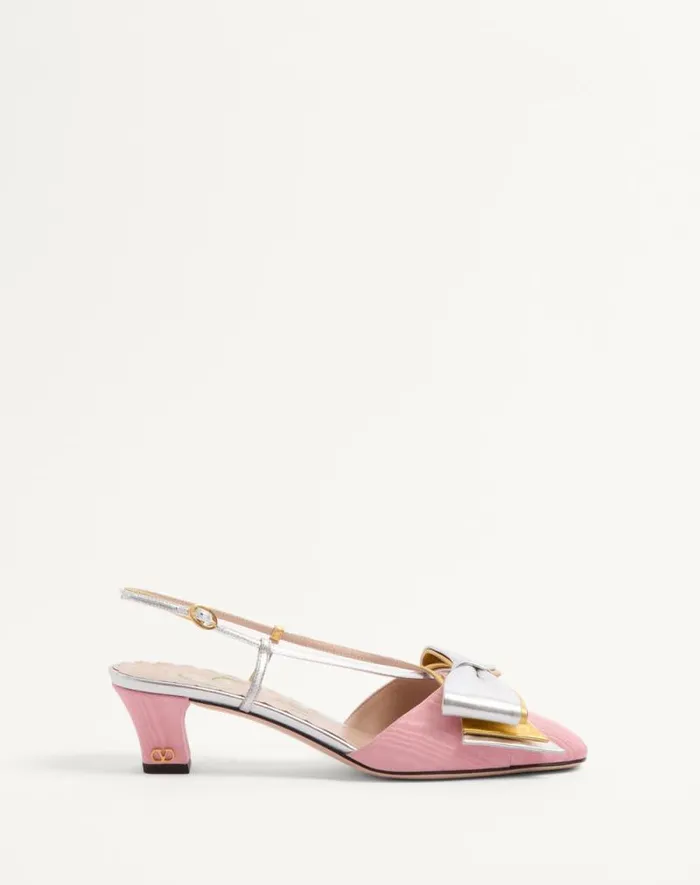 Valentino Pumps Woman Bowow Slingback Pumps In Moir Fabric 45mm For Woman In Pinksilver Pinksilver