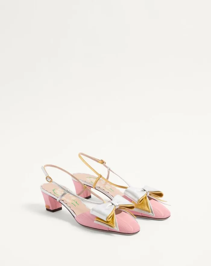Valentino Pumps Woman Bowow Slingback Pumps In Moir Fabric 45mm For Woman In Pinksilver Pinksilver Valentino Pumps Woman Bowow Slingback Pumps In Moir Fabric 45mm For Woman In Pinksilver Pinksilver