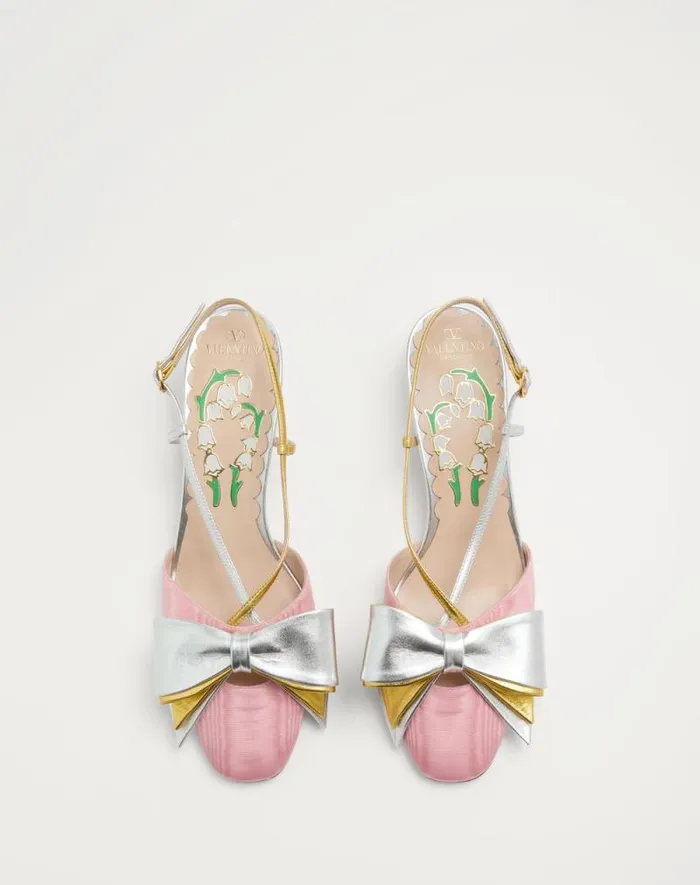 Valentino Pumps Woman Bowow Slingback Pumps In Moir Fabric 45mm For Woman In Pinksilver Pinksilver Valentino Pumps Woman Bowow Slingback Pumps In Moir Fabric 45mm For Woman In Pinksilver Pinksilver