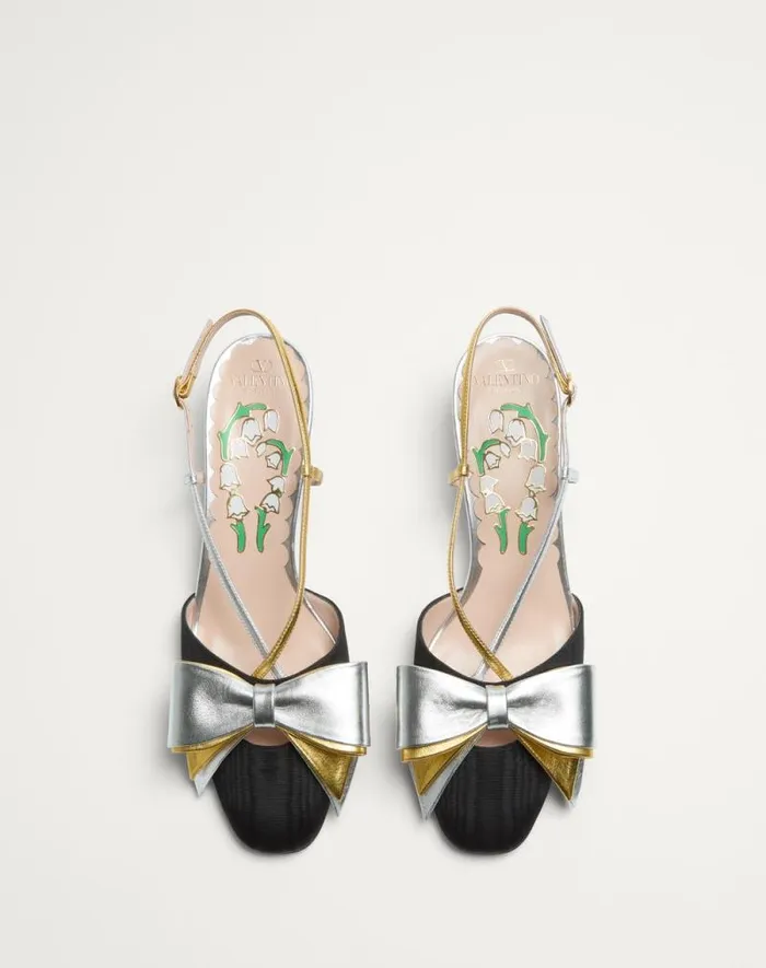 Valentino Pumps Woman Bowow Slingback Pumps In Moir Fabric 45mm For Woman In Pinksilver Pinksilver Valentino Pumps Woman Bowow Slingback Pumps In Moir Fabric 45mm For Woman In Pinksilver Pinksilver
