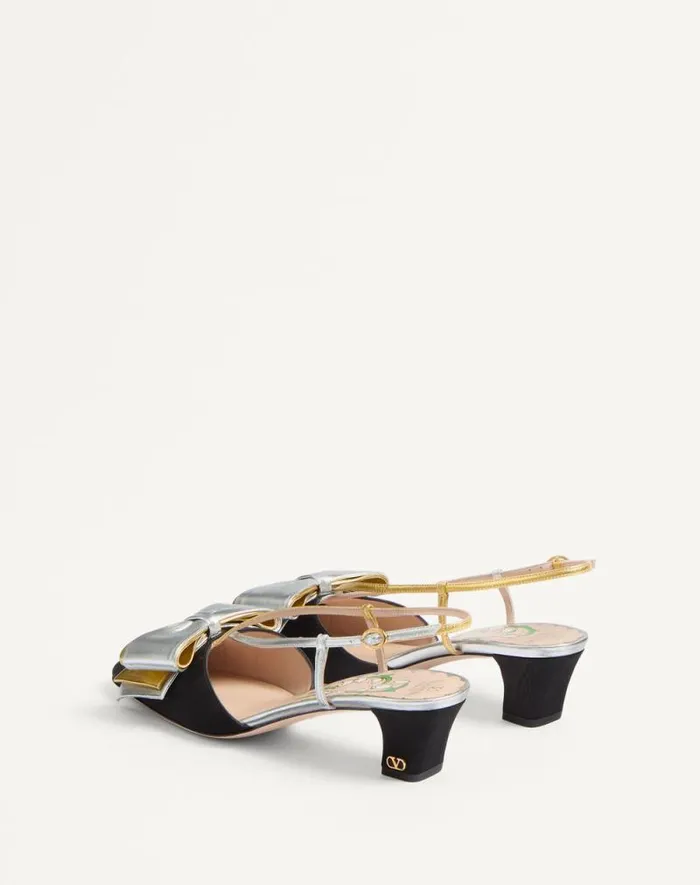 Valentino Pumps Woman Bowow Slingback Pumps In Moir Fabric 45mm For Woman In Pinksilver Pinksilver Valentino Pumps Woman Bowow Slingback Pumps In Moir Fabric 45mm For Woman In Pinksilver Pinksilver