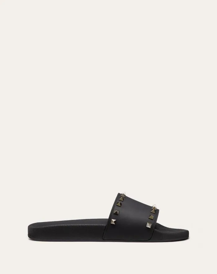Valentino Sandals Man Rockstud Rubber Slider Sandal For Man In Black Black