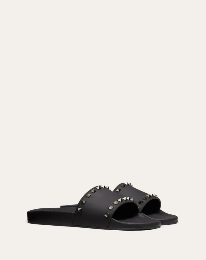 Valentino Sandals Man Rockstud Rubber Slider Sandal For Man In Black Black Valentino Sandals Man Rockstud Rubber Slider Sandal For Man In Black Black