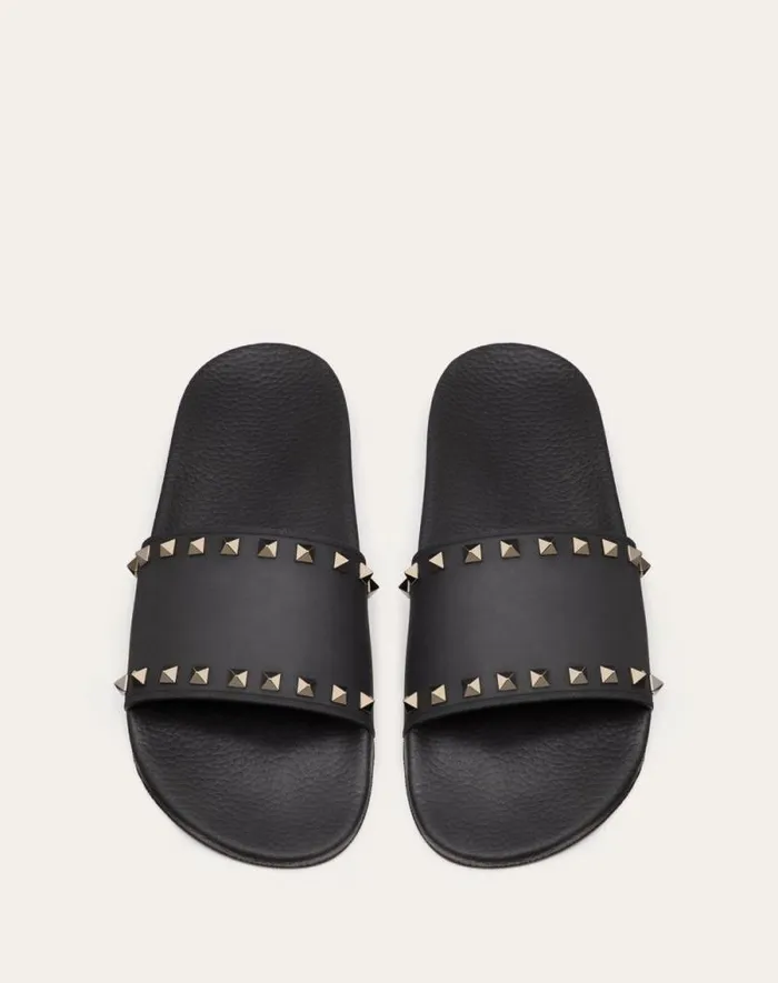 Valentino Sandals Man Rockstud Rubber Slider Sandal For Man In Black Black Valentino Sandals Man Rockstud Rubber Slider Sandal For Man In Black Black