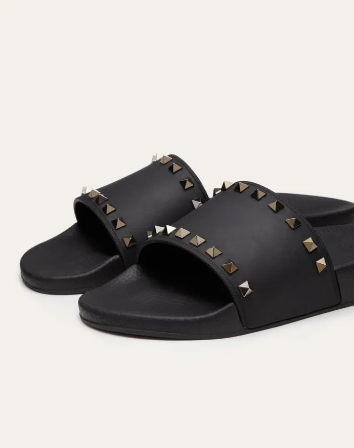 Valentino Sandals Man Rockstud Rubber Slider Sandal For Man In Black Black Valentino Sandals Man Rockstud Rubber Slider Sandal For Man In Black Black