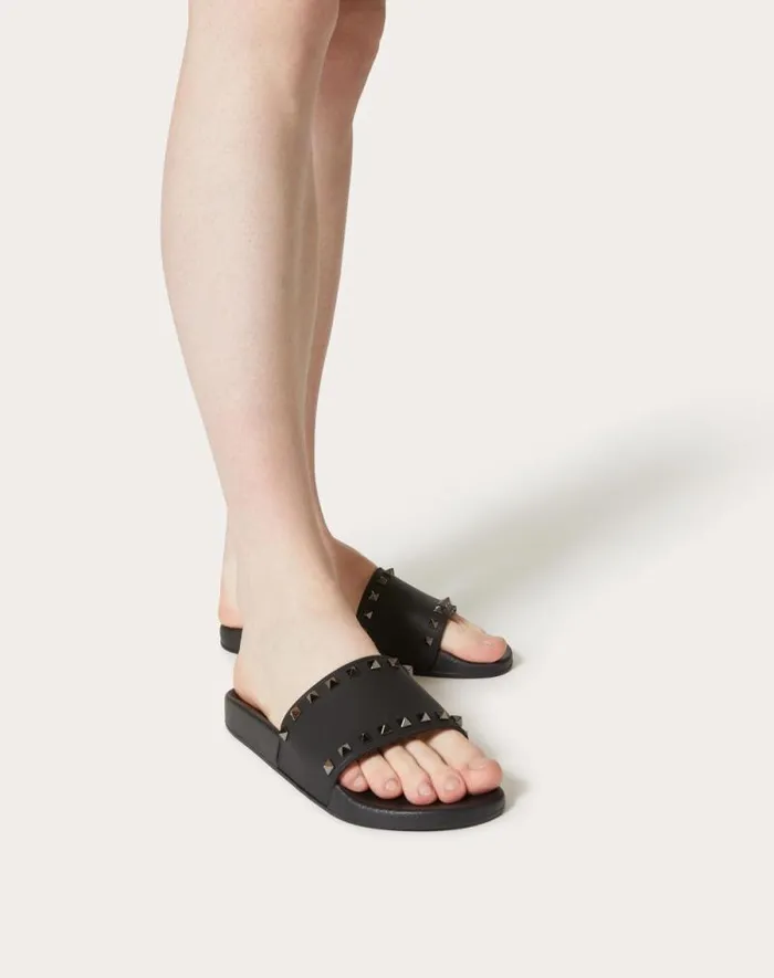 Valentino Sandals Man Rockstud Rubber Slider Sandal For Man In Black Black Valentino Sandals Man Rockstud Rubber Slider Sandal For Man In Black Black