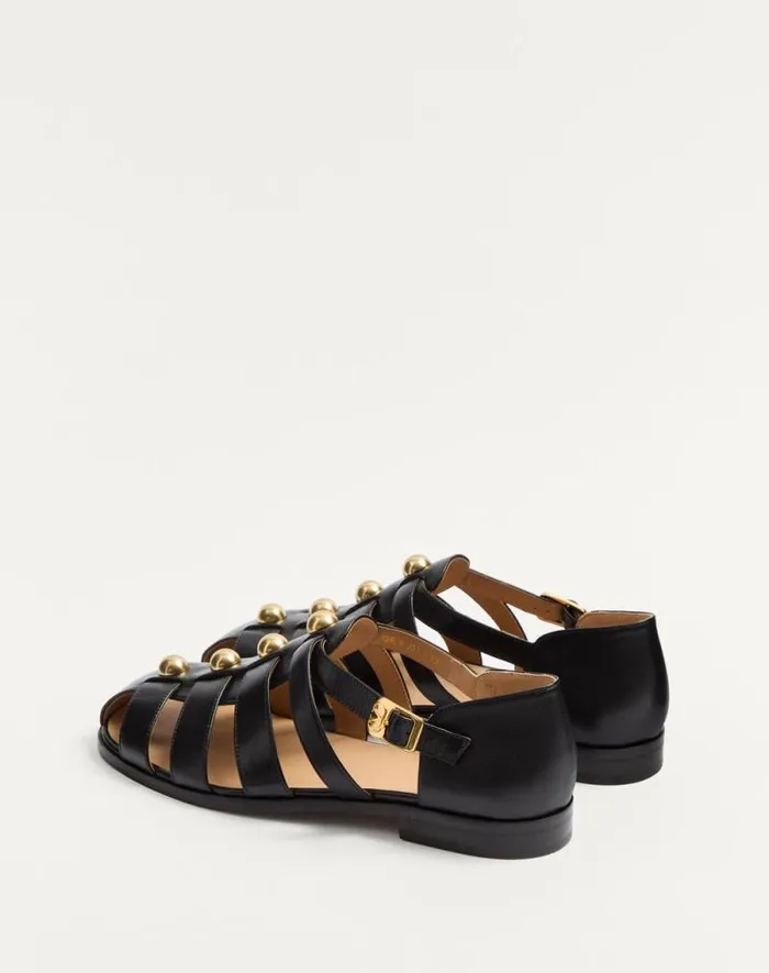Valentino Sandals Man Studshield Fisherman Calfskin Sandal For Man In Black Black Valentino Sandals Man Studshield Fisherman Calfskin Sandal For Man In Black Black