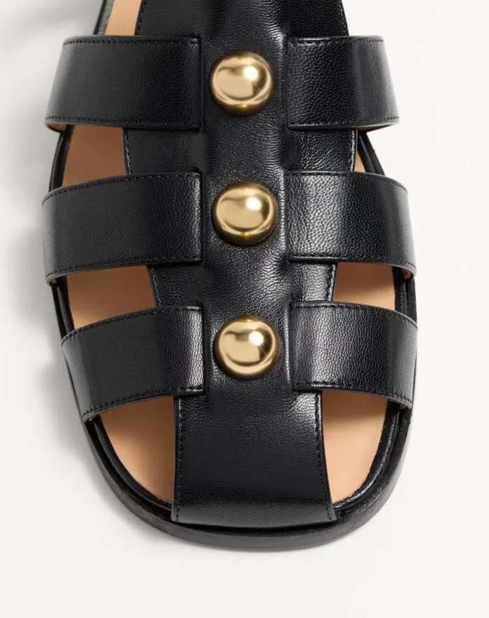 Valentino Sandals Man Studshield Fisherman Calfskin Sandal For Man In Black Black Valentino Sandals Man Studshield Fisherman Calfskin Sandal For Man In Black Black
