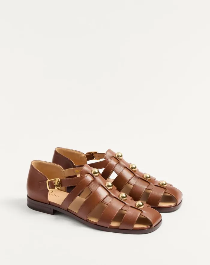 Valentino Sandals Man Studshield Fisherman Calfskin Sandal For Man In Black Black Valentino Sandals Man Studshield Fisherman Calfskin Sandal For Man In Black Black