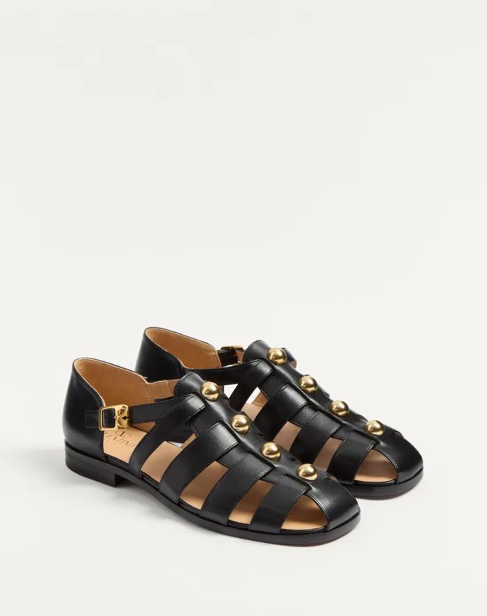 Valentino Sandals Man Studshield Fisherman Calfskin Sandal For Man In Black Black Valentino Sandals Man Studshield Fisherman Calfskin Sandal For Man In Black Black