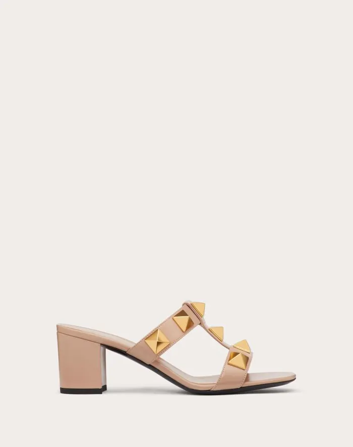 Valentino Sandals Woman Roman Stud Calfskin Slide Sandal 60 Mm For Woman In Rose Cannelle Rose Cannelle