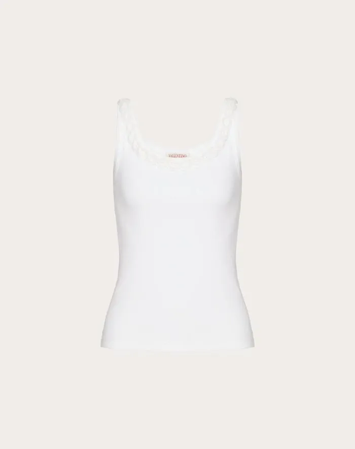 Valentino Shirts And Tops Woman Embroidered Cotton Rib Top For Woman In White White Valentino Shirts And Tops Woman Embroidered Cotton Rib Top For Woman In White White