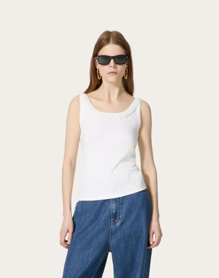 Valentino Shirts And Tops Woman Embroidered Cotton Rib Top For Woman In White White Valentino Shirts And Tops Woman Embroidered Cotton Rib Top For Woman In White White