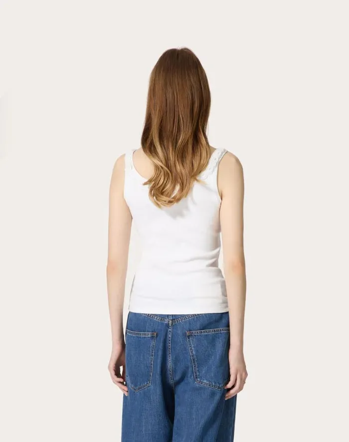 Valentino Shirts And Tops Woman Embroidered Cotton Rib Top For Woman In White White Valentino Shirts And Tops Woman Embroidered Cotton Rib Top For Woman In White White