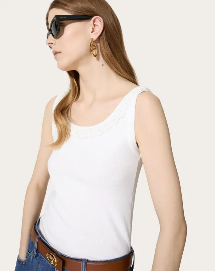 Valentino Shirts And Tops Woman Embroidered Cotton Rib Top For Woman In White White Valentino Shirts And Tops Woman Embroidered Cotton Rib Top For Woman In White White