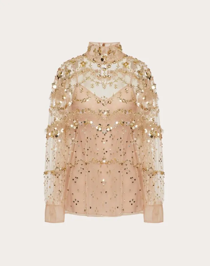 Valentino Shirts And Tops Woman Tulle Illusione Embroidered Top For Woman In Gold Gold Valentino Shirts And Tops Woman Tulle Illusione Embroidered Top For Woman In Gold Gold