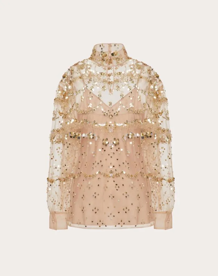 Valentino Shirts And Tops Woman Tulle Illusione Embroidered Top For Woman In Gold Gold Valentino Shirts And Tops Woman Tulle Illusione Embroidered Top For Woman In Gold Gold