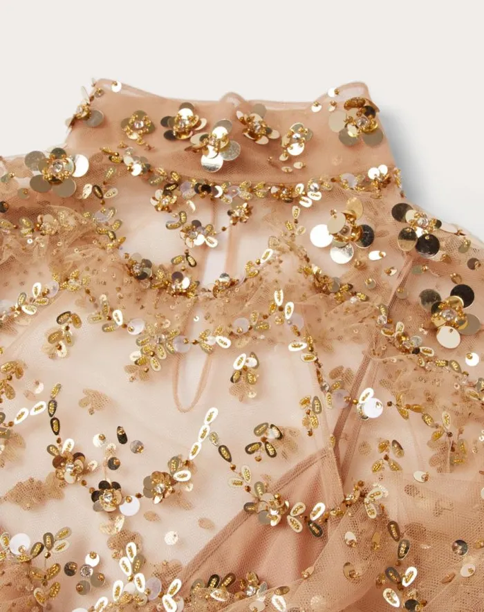 Valentino Shirts And Tops Woman Tulle Illusione Embroidered Top For Woman In Gold Gold Valentino Shirts And Tops Woman Tulle Illusione Embroidered Top For Woman In Gold Gold